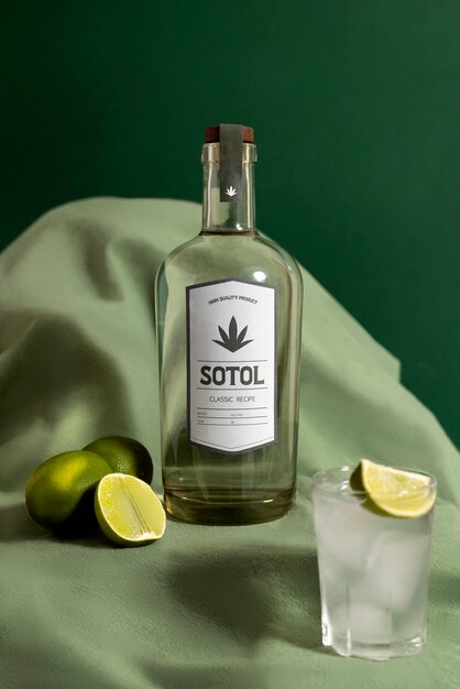 Vista de la bebida sotol mexicana con una botella de vidrio