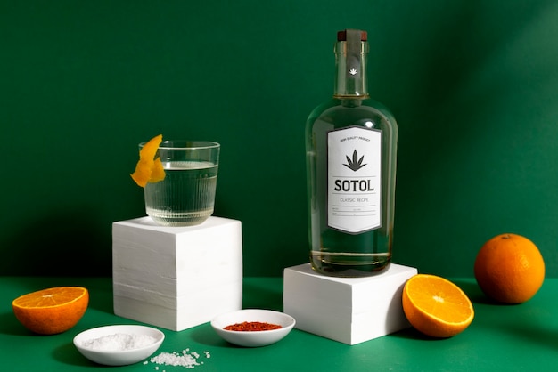Vista de la bebida sotol mexicana con una botella de vidrio
