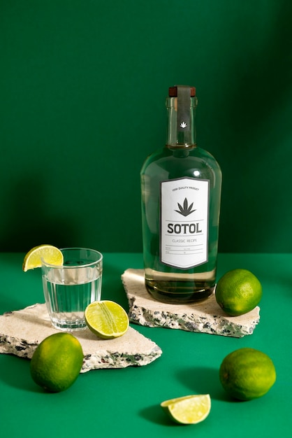 Foto gratuita vista de la bebida sotol mexicana con una botella de vidrio