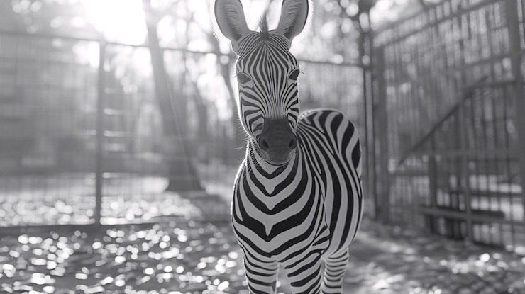 Foto gratuito vista en blanco y negro de una cebra silvestre con pelaje a rayas