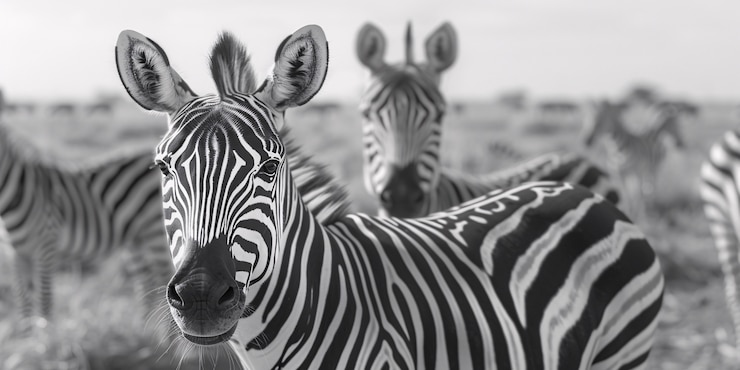 Foto gratuito vista en blanco y negro de una cebra silvestre con pelaje a rayas