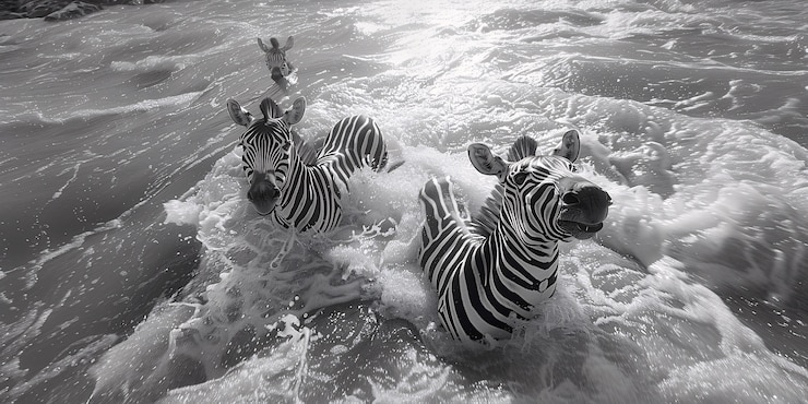 Foto gratuito vista en blanco y negro de una cebra silvestre con pelaje a rayas