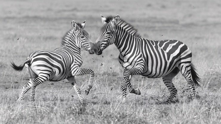 Foto gratuito vista en blanco y negro de una cebra silvestre con pelaje a rayas