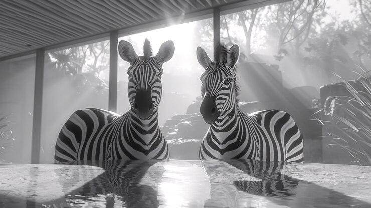 Foto gratuito vista en blanco y negro de una cebra silvestre con pelaje a rayas