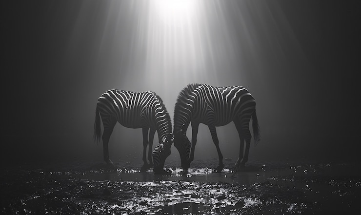 Foto gratuito vista en blanco y negro de una cebra silvestre con pelaje a rayas