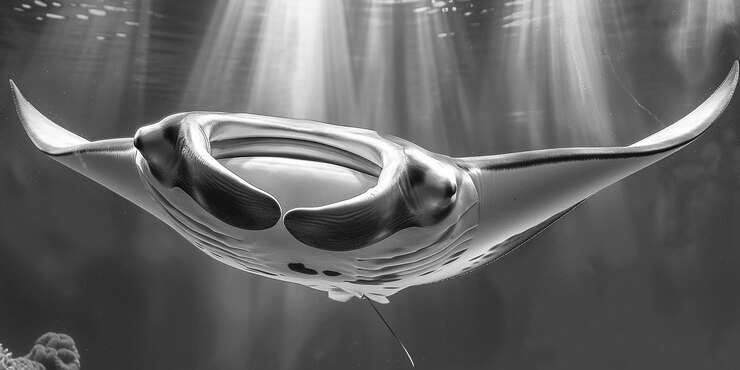 Foto gratuito vista en blanco y negro de la manta ray en su entorno natural submarino