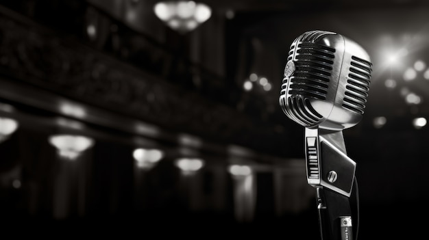 Vista en blanco y negro del micrófono del escenario del teatro