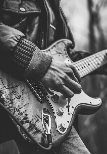 Vista en blanco y negro de una persona tocando la guitarra eléctrica