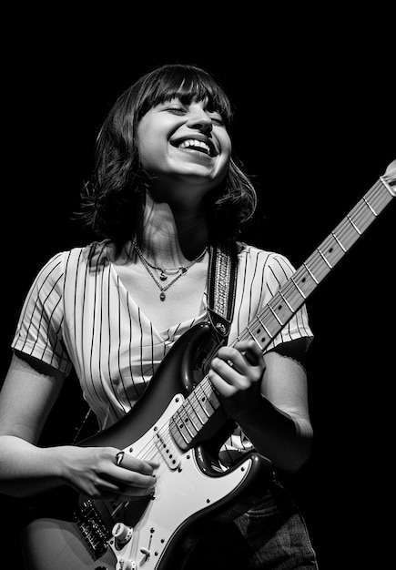 Vista en blanco y negro de una persona tocando la guitarra eléctrica