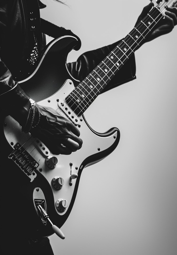 Foto gratuito vista en blanco y negro de una persona tocando la guitarra eléctrica