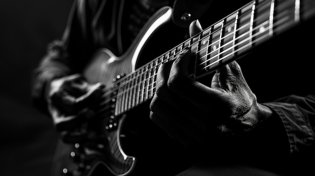 Foto gratuita vista en blanco y negro de una persona tocando la guitarra eléctrica