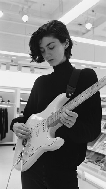 Vista en blanco y negro de una persona tocando la guitarra eléctrica