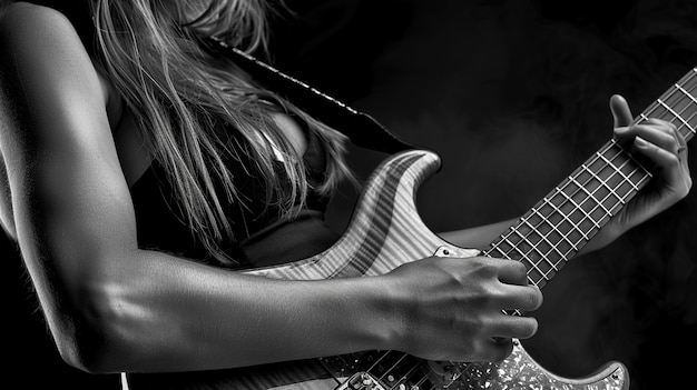 Foto gratuita vista en blanco y negro de una persona tocando la guitarra eléctrica