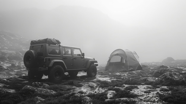 Vista en blanco y negro de un vehículo todo terreno que se conduce en terreno accidentado