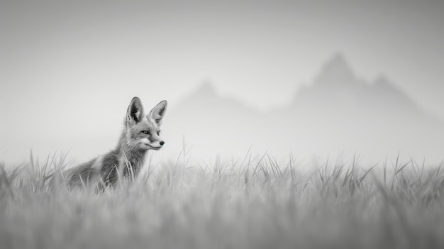 Foto gratuita vista en blanco y negro de un zorro salvaje en su hábitat natural