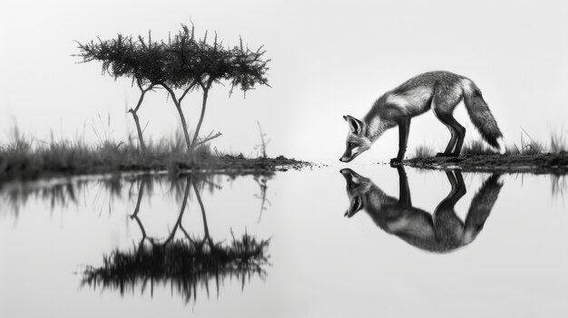 Vista en blanco y negro de un zorro salvaje en su hábitat natural