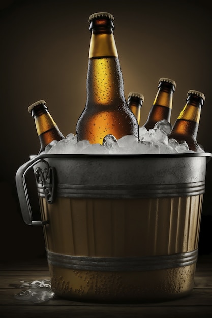 Vista de botellas de cerveza en un balde