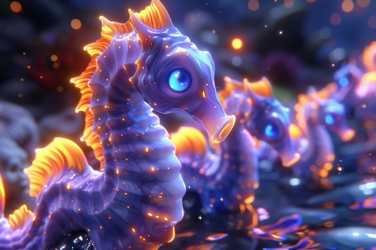 Foto gratuito vista del caballo de mar con una fantástica iluminación de neón