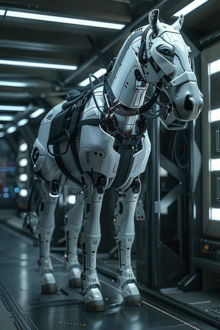 Foto gratuito vista de un caballo con partes mecánicas y robóticas en estilo futurista