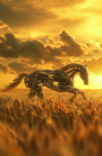 Vista de un caballo con partes mecánicas y robóticas en estilo futurista