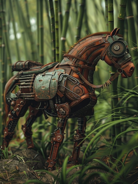 Vista de un caballo con partes mecánicas y robóticas en estilo futurista