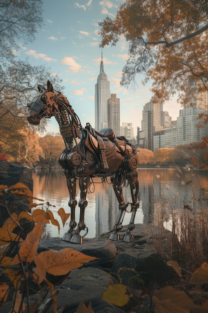 Vista de un caballo con partes mecánicas y robóticas en estilo futurista