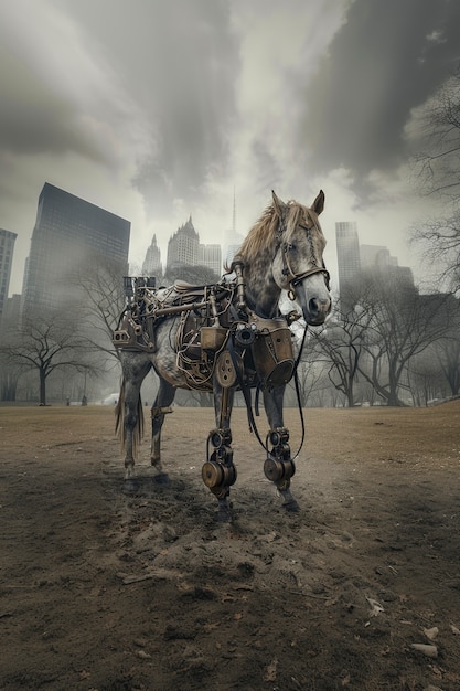 Vista de un caballo con partes mecánicas y robóticas en estilo futurista