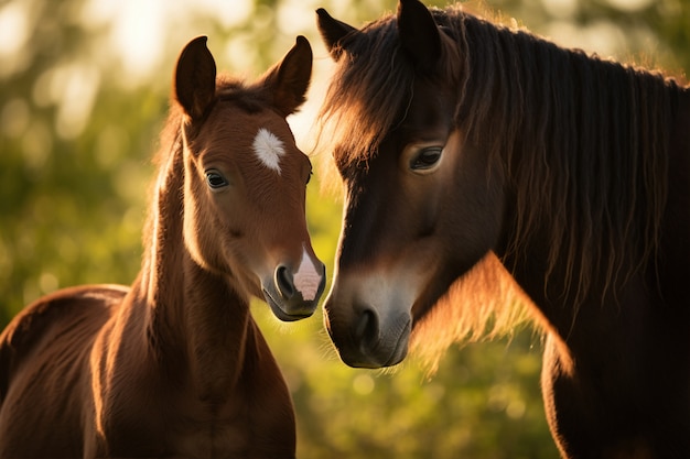 Vista de un caballo salvaje con un potro