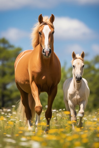 Foto gratuita vista de un caballo salvaje con un potro