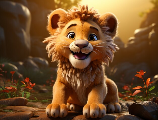 Vista del cachorro de león animado de dibujos animados adorables en 3D con fondo natural