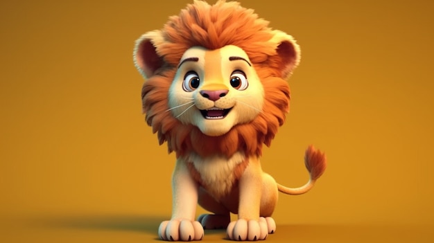 Vista del cachorro de león animado de dibujos animados adorables en 3D