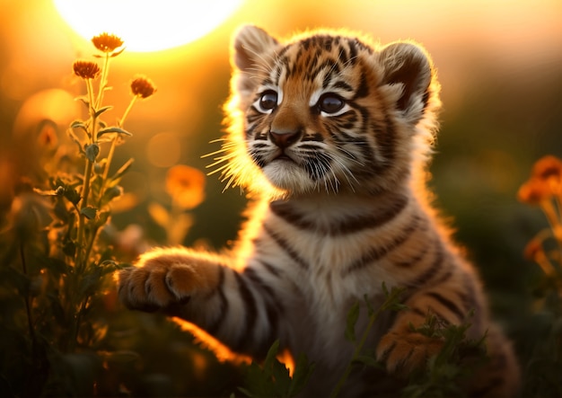 Vista de un cachorro de tigre salvaje feroz en la naturaleza