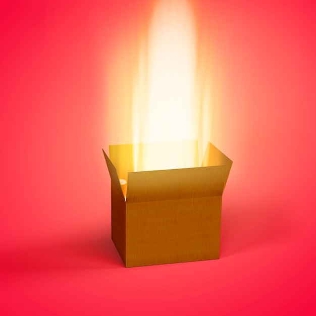 Vista de una caja de cartón misteriosa con una luz brillante procedente del interior