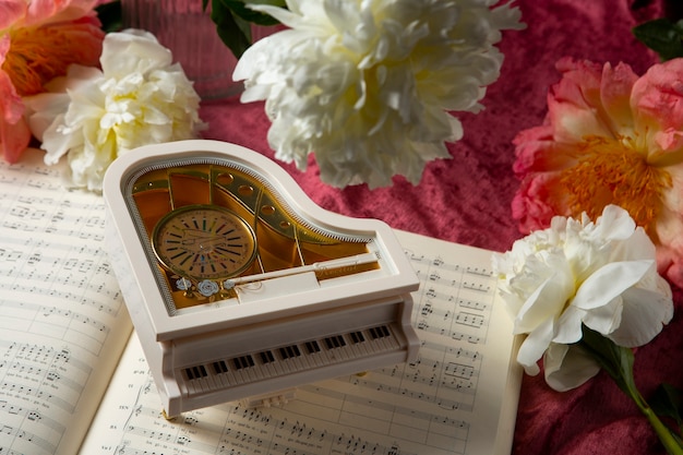 Vista de la caja de música en forma de piano con decoración bohemia