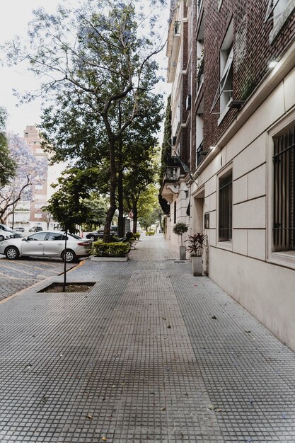 Vista a la calle con edificio y coches aparcados.