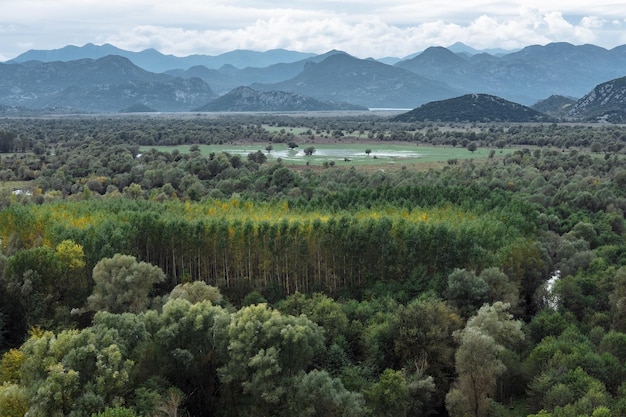 Vista de los campos y montañas en Montenegro