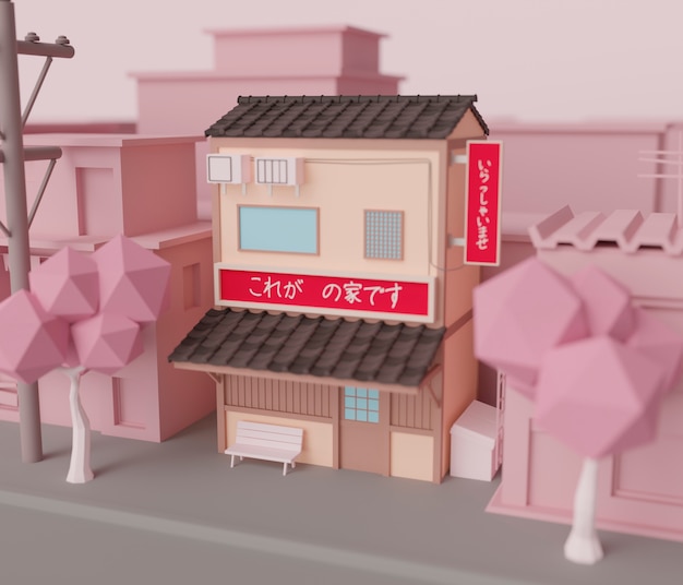 Vista de la casa 3d en estilo japonés