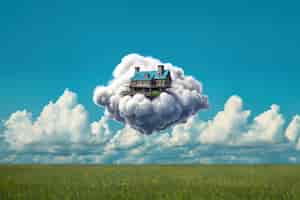 Foto gratuita vista de una casa en 3d con nubes