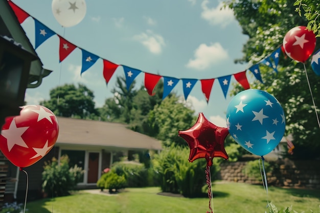 Foto gratuita vista de una casa decorada con adornos de los colores de la bandera estadounidense para la celebración del día de la independencia