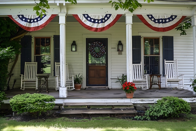 Foto gratuita vista de una casa decorada con adornos de los colores de la bandera estadounidense para la celebración del día de la independencia