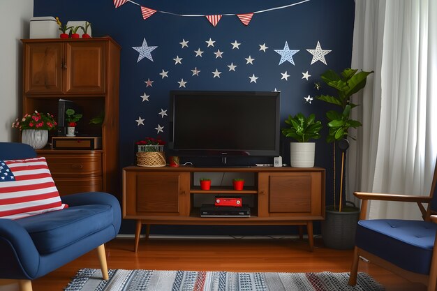 Foto gratuita vista de una casa decorada con adornos de los colores de la bandera estadounidense para la celebración del día de la independencia