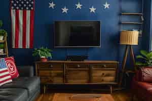 Foto gratuita vista de una casa decorada con adornos de los colores de la bandera estadounidense para la celebración del día de la independencia