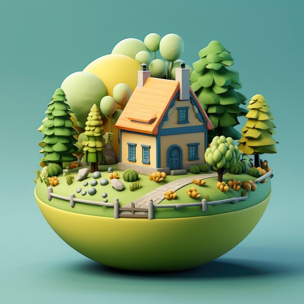 Vista de la casa gráfica 3d con la naturaleza.