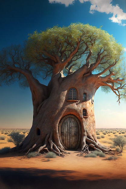 Vista de casa hecha de árbol en el desierto