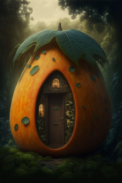 Vista de la casa hecha de calabaza en la naturaleza.