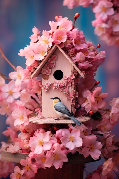 Foto gratuita vista de la casa de los pájaros con flores de primavera en flor