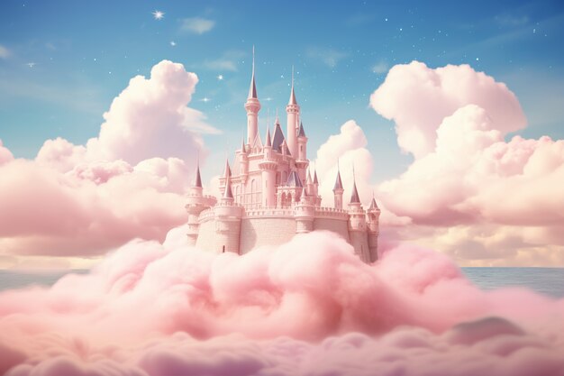 Vista del castillo de cuento de hadas con nubes rosadas