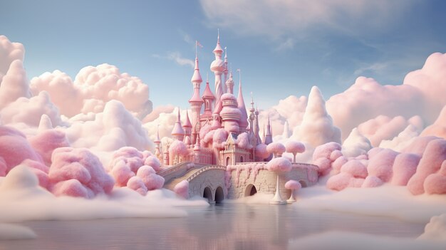 Vista del castillo de cuento de hadas con nubes rosadas