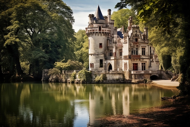 Vista del castillo con lago y paisaje natural