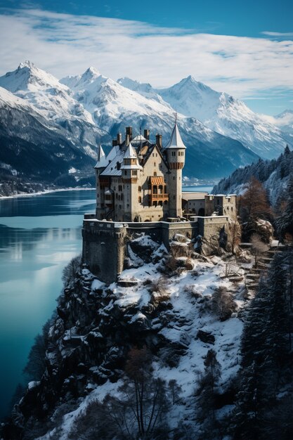 Vista del castillo con lago y paisaje natural